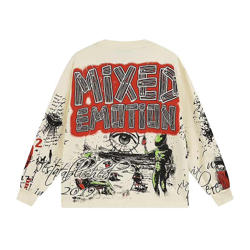 MIXED EMOTION Distressed Graphic Long-Sleeve T-Shirt