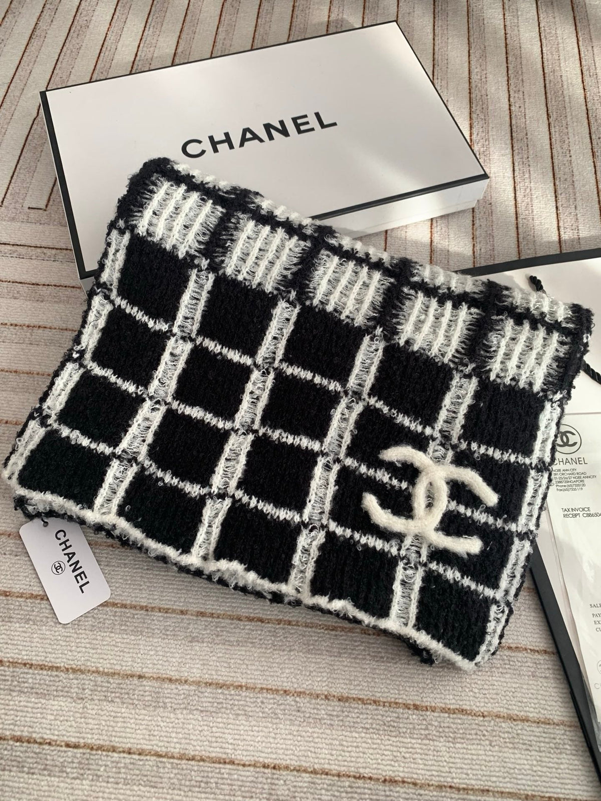 Chanel Style Fuzzy Windowpane Plaid Scarf