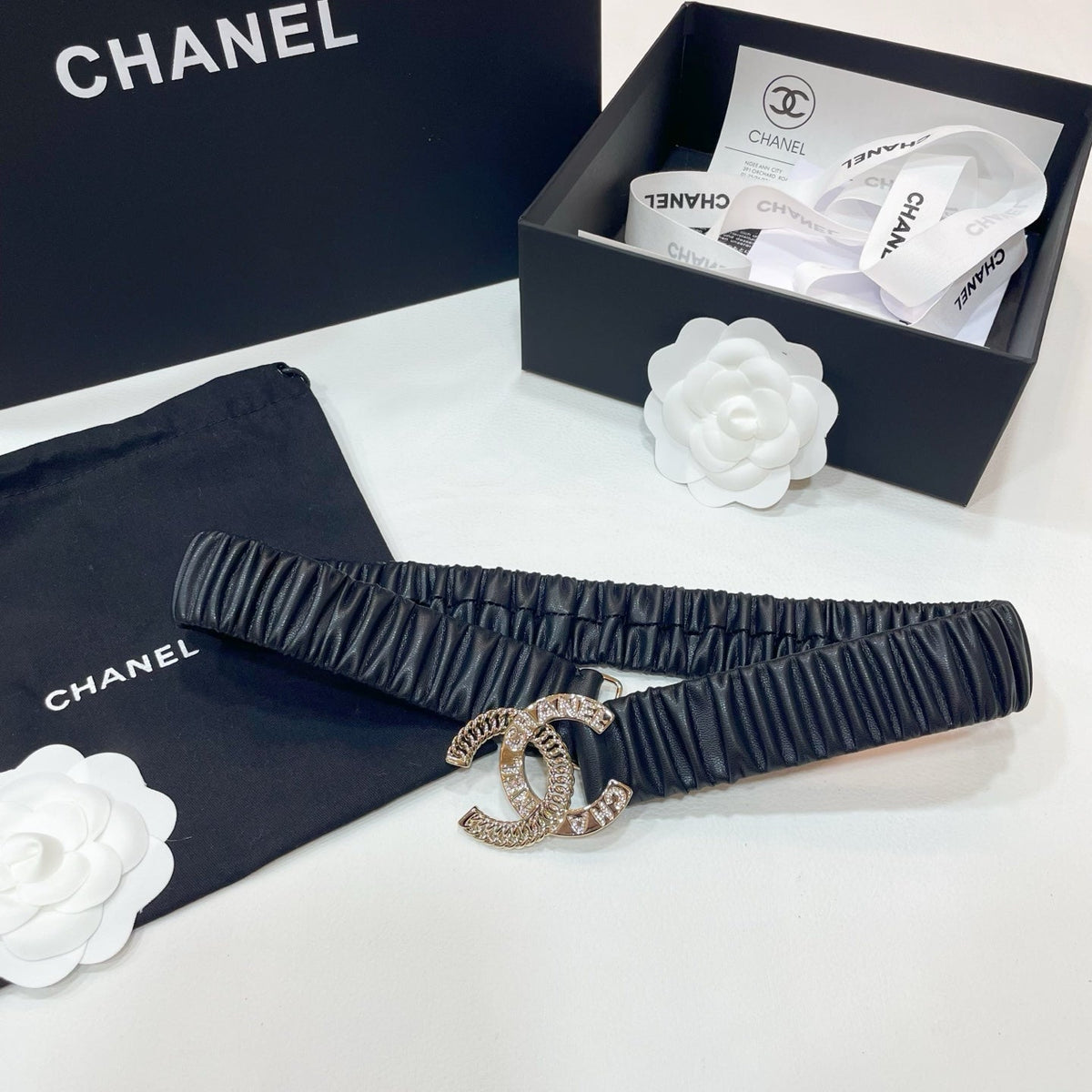 CHANEL DOUBLE  30MM STRETCH BELT IN BLACK CALFSKIN WITH GOLD CHAIN BUCKLE CRYSTAL DETAIL
