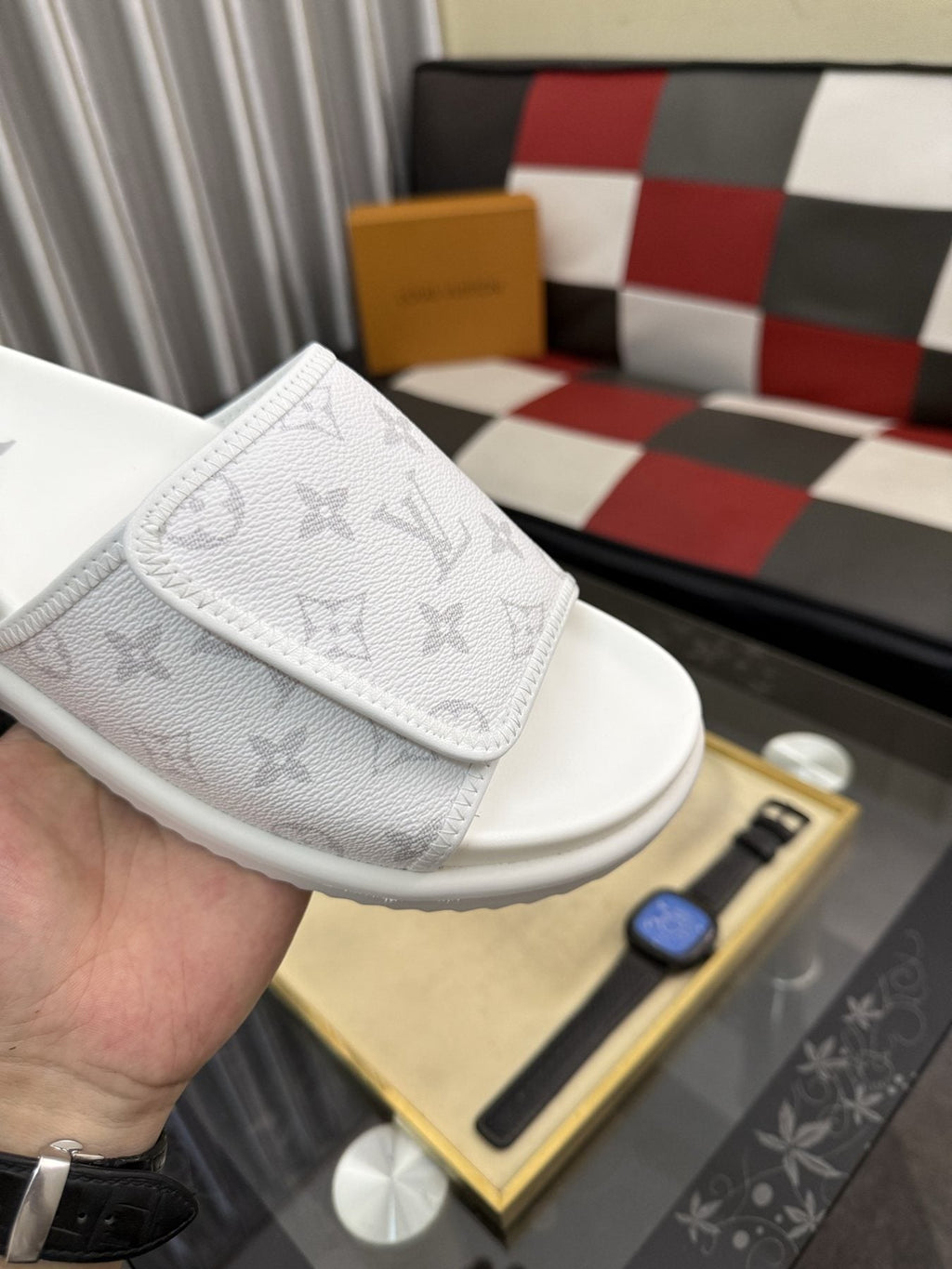 Louis Vuitton Light Gray Monogram Slide Sandals