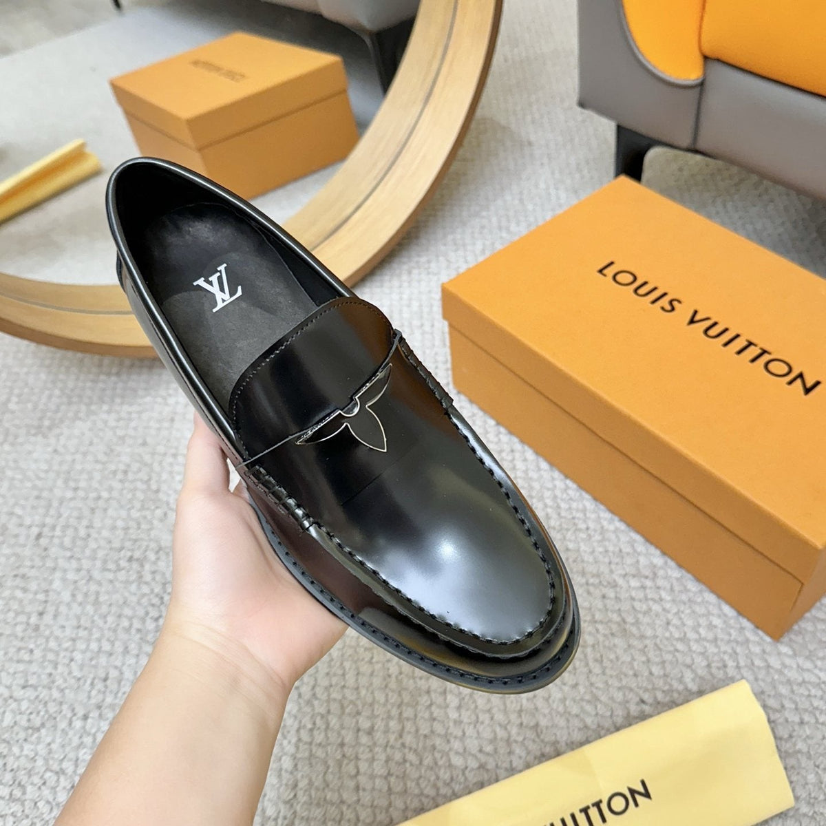 Louis Vuitton Men's Black Leather Loafers - Slip-On Design