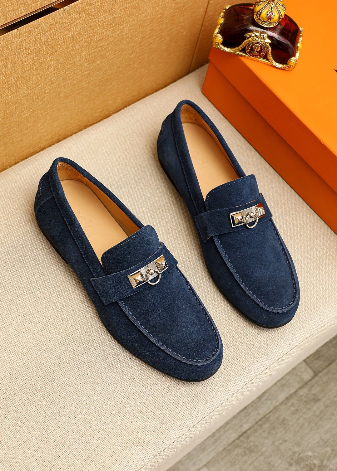 Hermès Suede-Finish Buckle Loafers