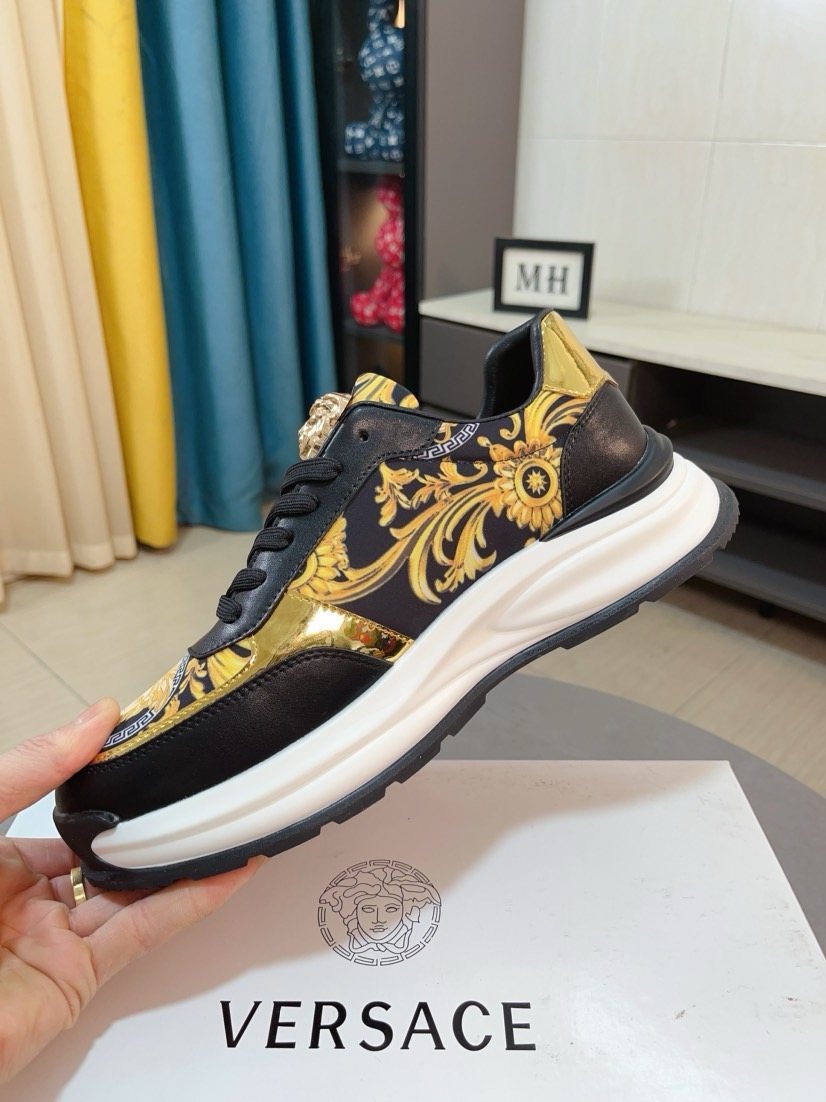 Versace Men's Gold Pattern Leather Sneakers